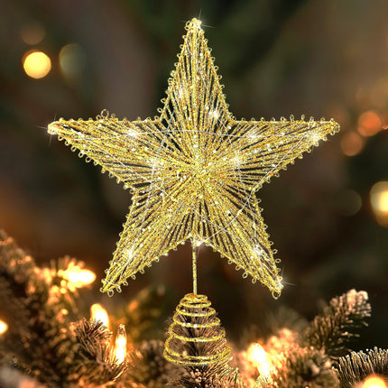 Gold Star Christmas Tree Topper Star, Xmas Tree Topper Star Ornament for Christmas Holiday Party Decor with Warm Lights Tree Topper Décor Golden Glitter