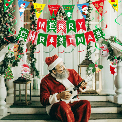 27Pcs Christmas Decorations Kit, Merry Christmas Banner, Paper Fan Flower, Hanging Garland Triangle Bunting, Xmas Tree Elk Snowman Swirl Streamers for Christmas Decor Party Supplies