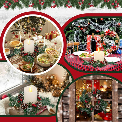 GENMOUS 8 Pcs Christmas Candle Rings Mini Wreaths, Snowy Pine Candle Garlands with Artificial Red Berries Pinecones,Christmas Centerpieces for Tables,Pillar Candle Rings Wreaths for Winter Home Decor