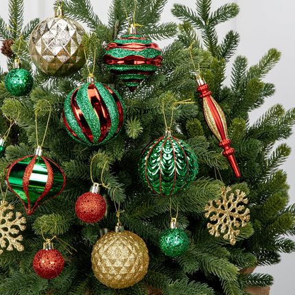 Hollyone Christmas Balls Ornaments Set, 50pcs Glitter Red Green and Gold Shatterproof Christmas Ball Snowflakes Tree Ornaments Hanging Ball Decoration for Xmas Tree Wreath Garland Wedding Home Decor