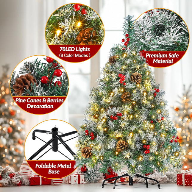 3FT Tabletop Artificial Christmas Tree,PVC Realistic Branch Tips, 10 Grouds Red Berries,8 Modes Colors LED Lights,Small Xmas Tree for Home,Office Decoration