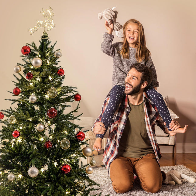 Light Up Reindeer Christmas Tree Topper, Metal Gold Glittery Elk Tree Topper with 25 LED Warm Lights, Battery Operated Cute 2D Deer for Unique Christmas Tree Decoration, Centerpiece