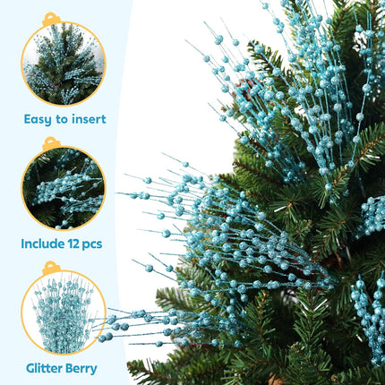 Joiedomi 12 Pcs Christmas Blue Glitter Berry Stems, 17'' Christmas Tree Picks, Xmas Wreath Ornaments Artificial Decorative Sticks, Glitter Twigs DIY Garland Crafts for Holiday Wedding Party Home Decor