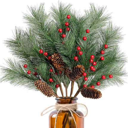 Sggvecsy 5 Pack Christmas Berries Pine Picks Artificial Red Berry Pine Branches Long Faux Pine Stem with Pinecones for Xmas Tree Wreath DIY Craft Floral Arrangement Holiday Season Decor