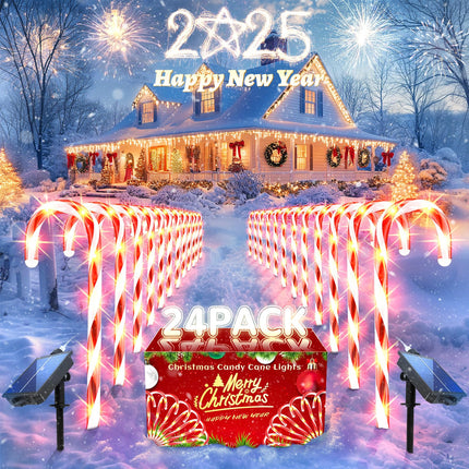 Solar Christmas Decorations Lights Outdoor: 24 Pack Candy Cane Light Waterproof for Yard Decorative Outside - LED Pathway Stake Lighted Path Garden Tree House Xmas Decor