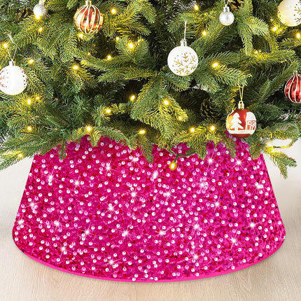 Christmas Tree Collar Hot Pink 23.6 Inches Tree Ring Glitter Christmas Tree Skirt for Winter Holiday Velvet Sequin Xmas Tree Base Collar Rustic Santa Christmas Day Tree Decorations