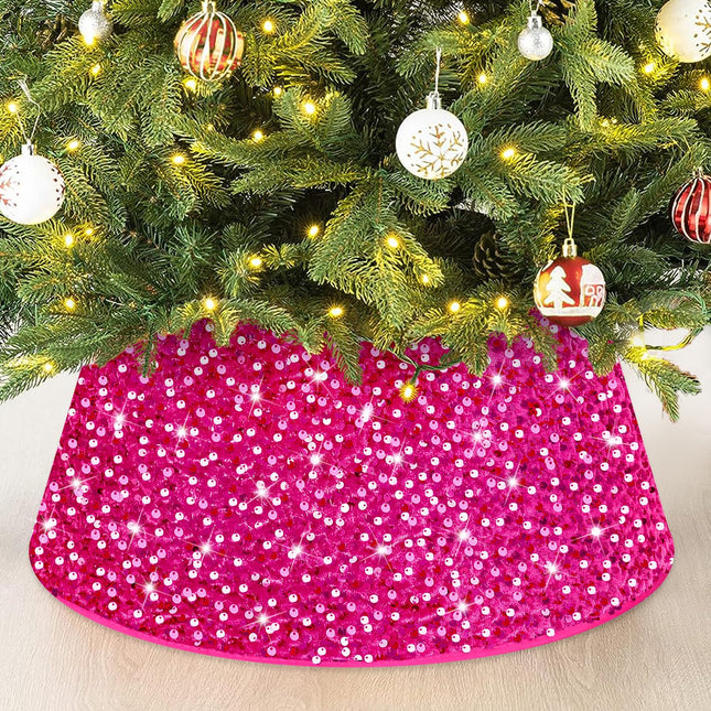 Christmas Tree Collar Hot Pink 23.6 Inches Tree Ring Glitter Christmas Tree Skirt for Winter Holiday Velvet Sequin Xmas Tree Base Collar Rustic Santa Christmas Day Tree Decorations