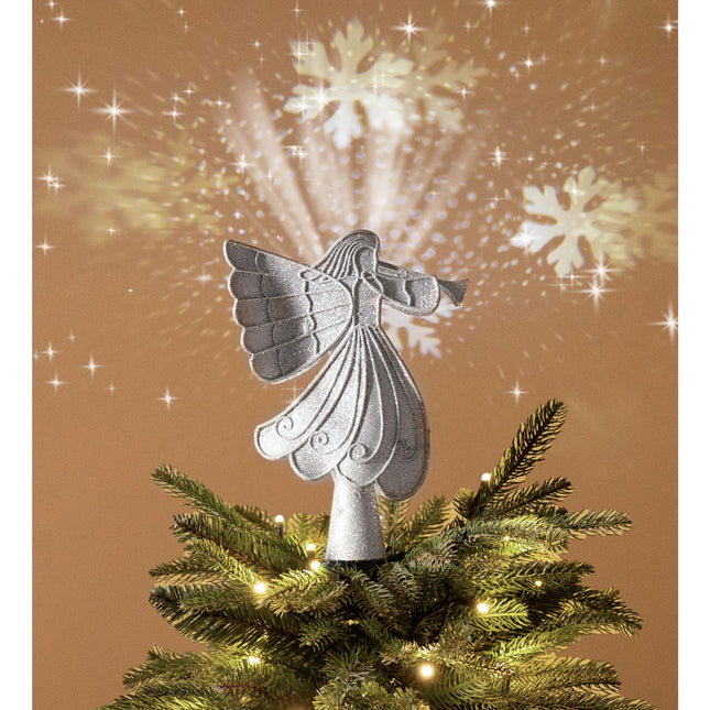 Valery Madelyn Christmas Angel Tree Topper with LED Rotating Snowflakes Projector Lights, Lighted Silver Treetop with Built-in Night Lights Projection for Xmas Party Holiday Crown Tree Decorations