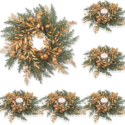 Christmas Candle Rings Wreaths Christmas Kitchen Cabinet Wreaths Artificial Berry Garland Wreaths Pillar Candle Rings Wreaths Mini Wreaths for Kitchen Cabinets Centerpiece Table Decorations(6 Pcs)