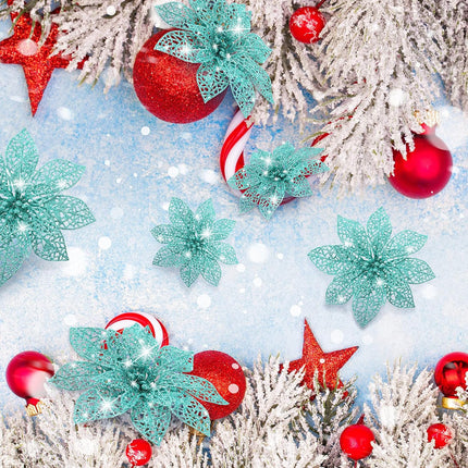 Boao 24 Pieces Christmas Poinsettia Tree Ornament Flowers Christmas Decor Glitter Ornament, 3/4/6 Inches(Blue-Green)