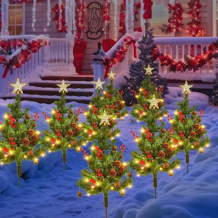 6Packs 35.4inch Lighted Christmas Trees for Outdoor Yard Decorations Battery Powered Christmas Trees with Timer, Waterproof Xmas Tree with Stakes, Red Cones, Pines, Pathway Lights for Lawn (6)