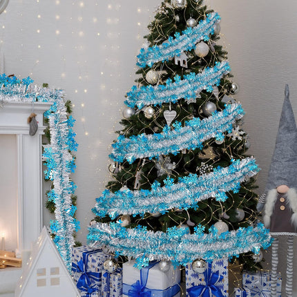 AnyDesign 32.8Ft Christmas Tinsel Garland Blue Sliver Metallic Twist Garland with Snowflakes Christmas Party Decorative Garland for Xmas Tree Classroom Office Christmas Party Decor DIY Craft
