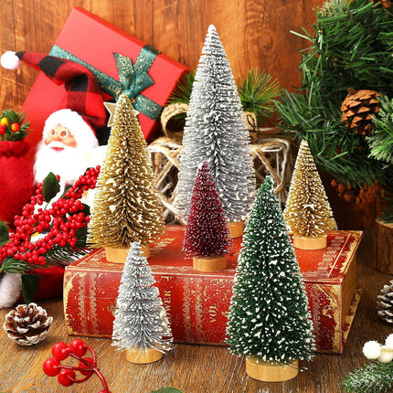 Whaline 16Pcs Artificial Mini Christmas Tree Snow Frosted Trees Red Green Gold Silver Bottle Brush Tree Desktop Mini Pine Tree with Wood Base for Christmas Home Office Tabletop Crafts, 3 Sizes