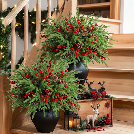 MARTINE MALL 12Pcs Christmas Norfolk Pine Branches with Pine Cones&Berries, 18In Fake Greenery Norfolk Pine Branches Evergreen Artificial Pine Branches for Xmas DIY Craft Garland Home Decor