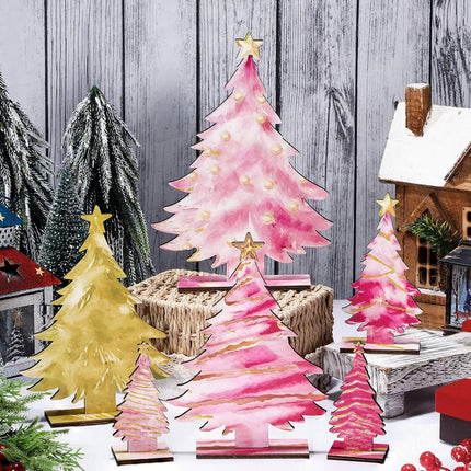 6 Pcs Pink Gold Wooden Christmas Trees Tabletop Decor Rustic Wood Christmas Trees Xmas Centerpieces Table Wooden Signs Farmhouse Table Home Decor for Home Office Farmhouse
