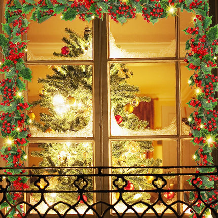 ATDAWN 9 FT Red Berry Christmas Lighted Garland, Battery Operated Christmas Garland with Lights, Flexible Artificial Pre Lit Garland for Indoor Fireplace Christmas Holiday Year Decoration, 2 Pack