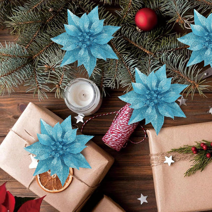 12 Pcs Artificial Christmas Flowers Lake Blue Christmas Ornaments for Tree Decoration with Clips Stems Fake Poinsettias Flowers for Xmas Holiday Wedding Party Wreath DIY
