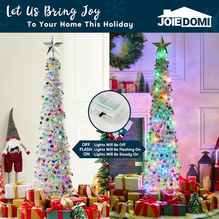 JOIEDOMI 5 Ft Pre-lit Pencil Christmas Tree, Pop up Christmas Tinsel Tree with Lights and Star, Skinny Collapsible Christmas Tree with Timer for Xmas Decorations Indoor Outdoor Holiday Party