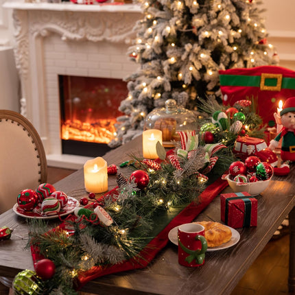 Valery Madelyn 9 feet Pre-Lit Christmas Garland with Lights for Mantle, Lighted Battery Operated Elf Xmas Garland with Red Green White Balls for Front Door Fireplace Table Centerpiece Outdoor Decor