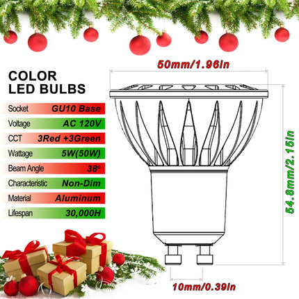 Red Green GU10 Led Light Bulbs 5W, 50Watt Equivalent, 120V GU10 LED Bulb Red Green for Recessed Track Christmas Holiday Party Decoration, Porch, Home Lighting, Decorative Illumination (6Pack Mix)
