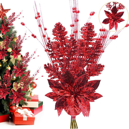 Artificial Glitter Berry Stem Ornaments, 18 Pack 17.5 Inch Red Fake Christmas Picks Decorations with Poinsettia Christmas Flowers,Twigs Bead Sticks for Christmas Tree Wedding Small Vase Wreath Decor
