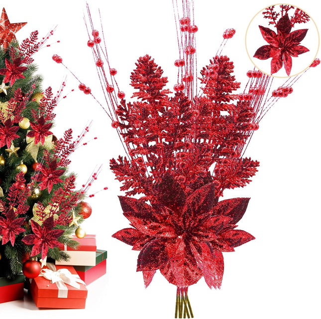 Artificial Glitter Berry Stem Ornaments, 18 Pack 17.5 Inch Red Fake Christmas Picks Decorations with Poinsettia Christmas Flowers,Twigs Bead Sticks for Christmas Tree Wedding Small Vase Wreath Decor