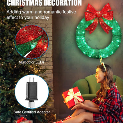 Brightown 24in Lighted Christmas Wreath Decorations, Outdoor Christmas Wreaths Holiday Decor with Bow Ribbon 60 LED Lights for Front Door Windows, Xmas s, Party Supplies, Home, Patio Lawn, Garden