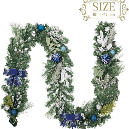 Valery Madelyn 9 feet Pre-Lit Christmas Garland with Light for Mantle, Lighted Battery Operated Xmas Garland with Silver Blue Balls for Front Door Fireplace Table Centerpiece Outdoor Window Home Decor