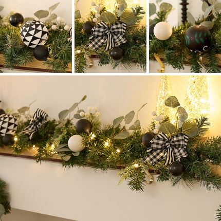 Valery Madelyn 6 feet Pre Lit Christmas Garland for Mantle with Lights, Lighted Xmas Garland with Black White Balls for Front Door Fireplace Table Centerpiece Outdoor Party Decoration Indoor