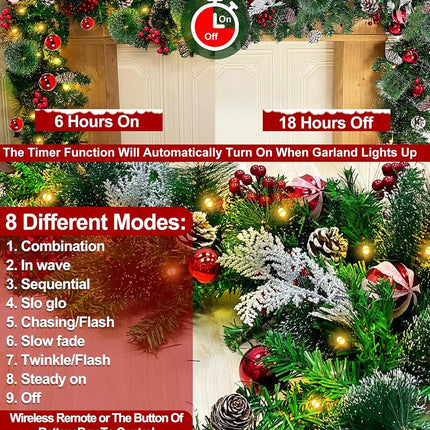 Remote Control&Timer 9 Ft Prelit Christmas Garland with 50 Warm White Lights 8 Modes Cedar Garland 6 Cypress Leaves 18 Ball 300 Snowy Tips 198 Red Berry 18 Pine Cone Christmas Decor Indoor Home Mantel
