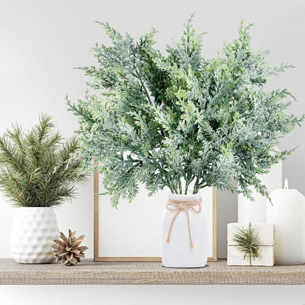 Sggvecsy 8 Pack Snowy Artificial Pine Branches Frosted Faux Cedar Spray 19’’ Long Greenery Cedar Picks Christmas Cedar Stems for DIY Garland Wreath Xmas Embellishing Garden Home Decoration