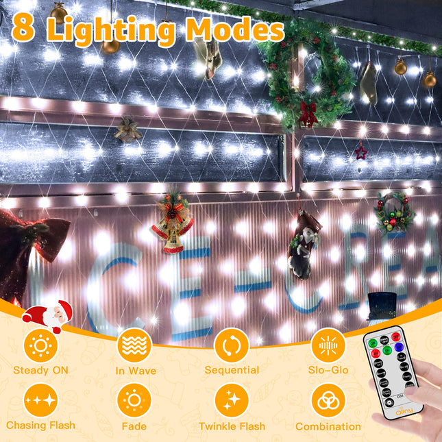 Ollny Net Lights Outdoor Mesh Lights 210LED 10x7ft, IP67 Waterproof Connectable Christmas Net Lights, 8 Modes Plug in Bush Lights for Tree Shrubs Outside Indoor Decorations, Cool White