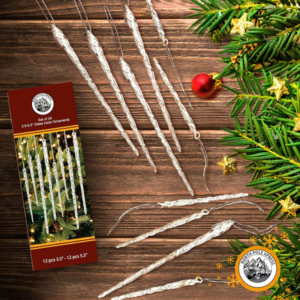 Twisted Clear Glass Icicle Christmas Ornaments for Christmas Trees - Set of 24 Icicles Christmas Tree Decorations - Christmas Tree Ornaments Perfect for White Or Silver Crystal Winter Frost Look