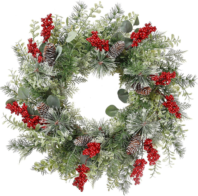 Sggvecsy 21 Inch Artificial Christmas Wreath for Front Door Xmas Red Berry Wreath with Pine Needles Pine Cones Eucalyptus Leaves Christmas Hanging Decorations for Wall Outdoor Home Window Decor