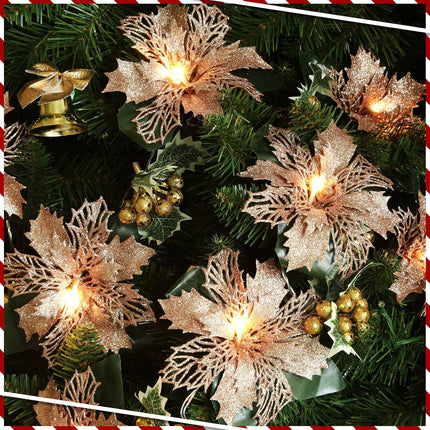Jexine 2 Pcs Christmas Glitter Artificial Poinsettia Garland 6.5 ft 10 LEDs Faux Flower Xmas String Lights Poinsettia Garland with Lights Gold Berries Holly Leaves for Indoor Outdoor Decor