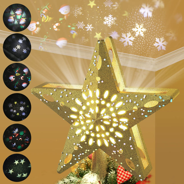 Ryhpez Christmas Tree Topper, Gold Star Christmas Tree Toppers with LED Rotating Snowflake Projector Lights, 3D Glitter Lighted for Christmas Tree Decorations Holiday Party