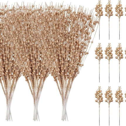 63 Pcs Christmas Floral Picks Artificial Glitter Berry Stem Ornaments Decorative Glitter Sticks for Xmas Tree Ornaments DIY Wreath Crafts Holiday Wedding Home Decor, 17 Inch, 9 Inch (Champagne Gold)