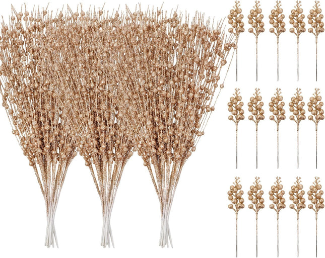 63 Pcs Christmas Floral Picks Artificial Glitter Berry Stem Ornaments Decorative Glitter Sticks for Xmas Tree Ornaments DIY Wreath Crafts Holiday Wedding Home Decor, 17 Inch, 9 Inch (Champagne Gold)