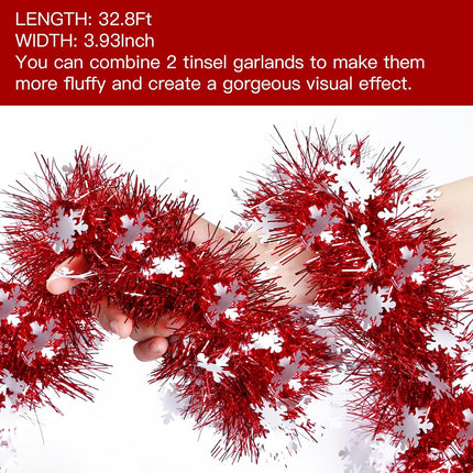 Sggvecsy 32.8Ft Christmas Snowflake Tinsel Garland Xmas Tree Decorations Red Christmas Metallic Twist Garland Ceiling Hanging Decorations for Year Party Birthday Holiday Indoor Outdoor Supplies
