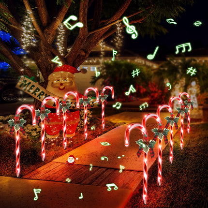 Enhon 10 Pcs Christmas Candy Cane Light with 4 Christmas Theme Music, 21 inch Pathway Markers Light with Stakes Christmas Driveway Light for Xmas Holiday Party Walkway Garden Decor (Red, White)