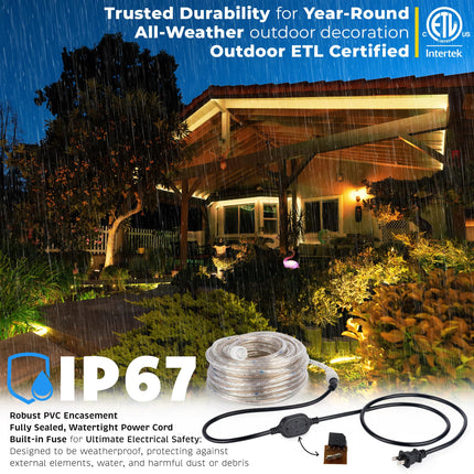 WYZworks 1656LEDs, 150ft LED Outside Rope Lights, Waterproof Permanent Outdoor ETL Connectable Clear Tube, Christmas Palm Tree Holiday Decorative Landscape Patio Accent Lighting - Warm White