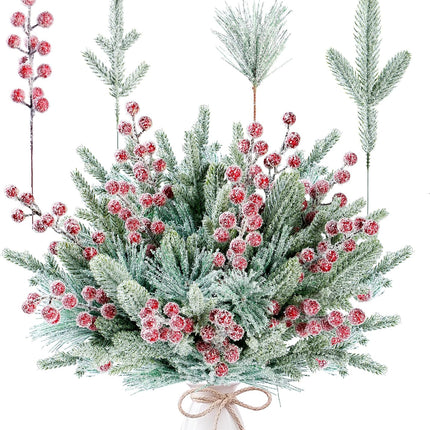 Sggvecsy 60 Pcs Artificial Snowy Pine Branches Fake Frosted Greenery Pine Picks Artificial Red Berry Stems Christmas Pine Needles for DIY Christmas Garland Wreath Xmas Flower Arrangements Decoration