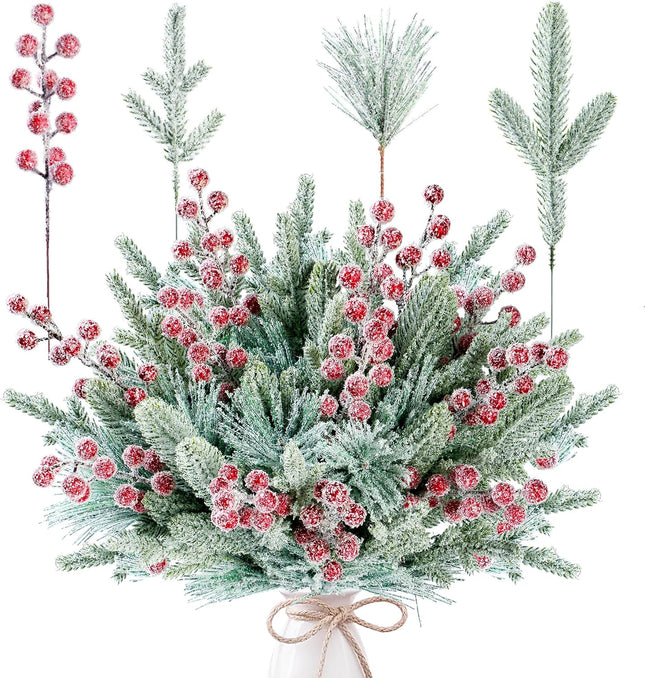Sggvecsy 60 Pcs Artificial Snowy Pine Branches Fake Frosted Greenery Pine Picks Artificial Red Berry Stems Christmas Pine Needles for DIY Christmas Garland Wreath Xmas Flower Arrangements Decoration