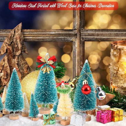67 Pcs Miniature Sisal Frosted Christmas Trees Snowflake Bottle Brush Trees with Wood Base Mini Artificial Christmas Trees Set Tiny Christmas Balls Box Wreath for Christmas Home DIY Decor Crafts
