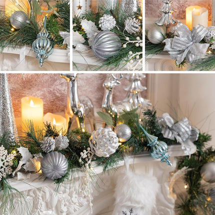 Valery Madelyn 9 feet Pre-Lit Christmas Garland with Lights for Mantle, Lighted Battery Operated Xmas Garland with Silver White Balls Ribbons for Front Door Fireplace Table Centerpiece Outdoor Decor