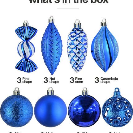 Prextex Christmas Tree Ball Ornaments - Blue Christmas Ornaments Set for Christmas, Holiday, Wreath and Party Decorations (24 pcs - Small, Medium, Large) Shatterproof