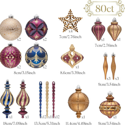 Valery Madelyn Christmas Tree Ornaments Set, 60ct Bronze Copper Gold and Purple Shatterproof Christmas Tree Decorations Bulk, Luxury Hanging Ball Ornaments for Xmas Trees Holiday Decor