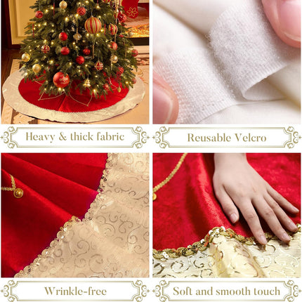 Valery Madelyn Christmas Tree Skirt for Tree Decorations, 36 Inch Fabric Luxury Red Gold Large Xmas Velvet Tree Skirt with Embroidery Flower & Golden Baroque Border Tree Merry Christmas Party Decor