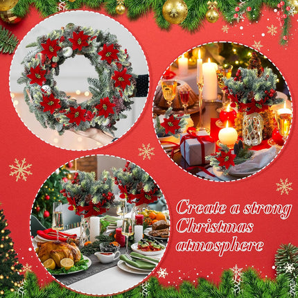 8 Pcs 13.4 Inch Red Poinsettia Artificial Christmas Flowers Bouquet with Pine Cone Red Berry Pine Needle Artificial Plants Christmas Decor for Craft Xmas Tree Garland Home Indoor Outdoor
