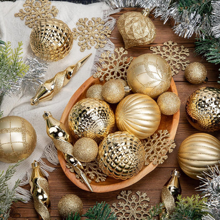50PCS Christmas Tree Ornaments Set with Shatterproof Christmas Balls Icicle Snowflake Hanging Ornaments for Home Office Farmhouse Christmas Decorations, Gold